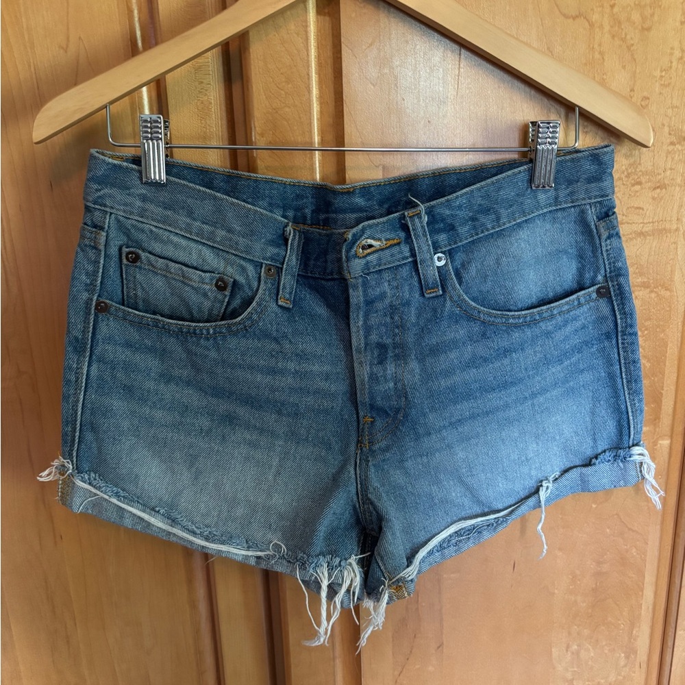 BDG Blue Jean Shorts with Raw Hem and Distressed Look